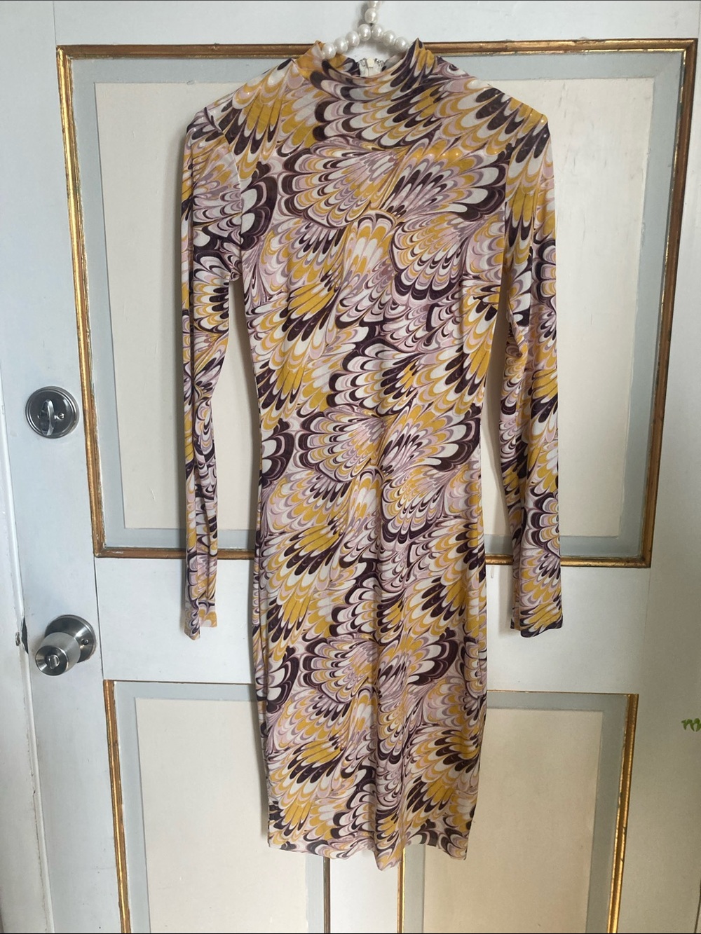 Forever 21 Mustard, Purple and Cream Long Sleeve Mock Neck Midi Dress